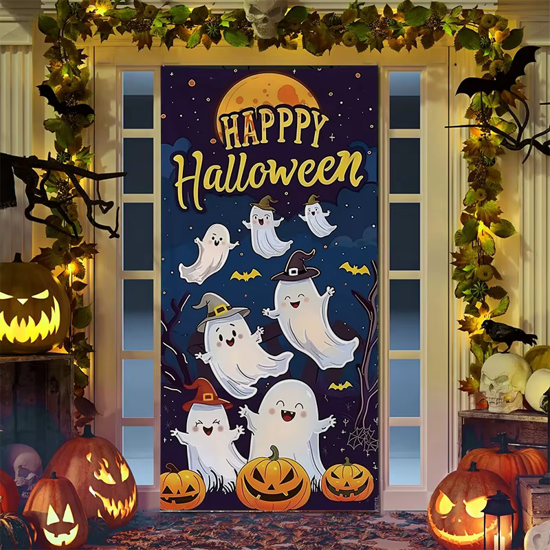 Rideau de Porte de Décoration d'Halloween, Dessin Animé, Fantôme, Citrouille, Renne, pour la Maison