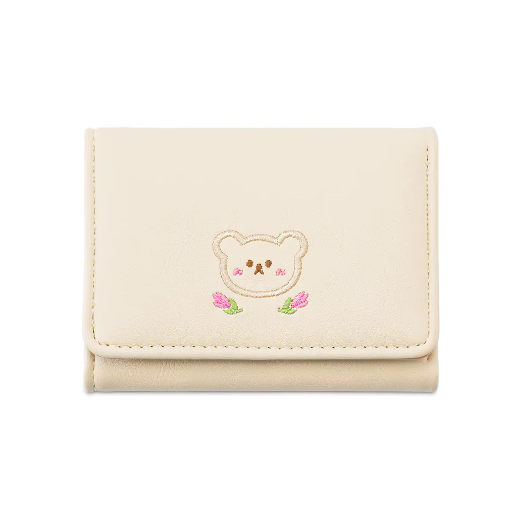 Portefeuille brodé avec motif d'ours, portefeuille court à trois volets, lisse, compact, organisé, p