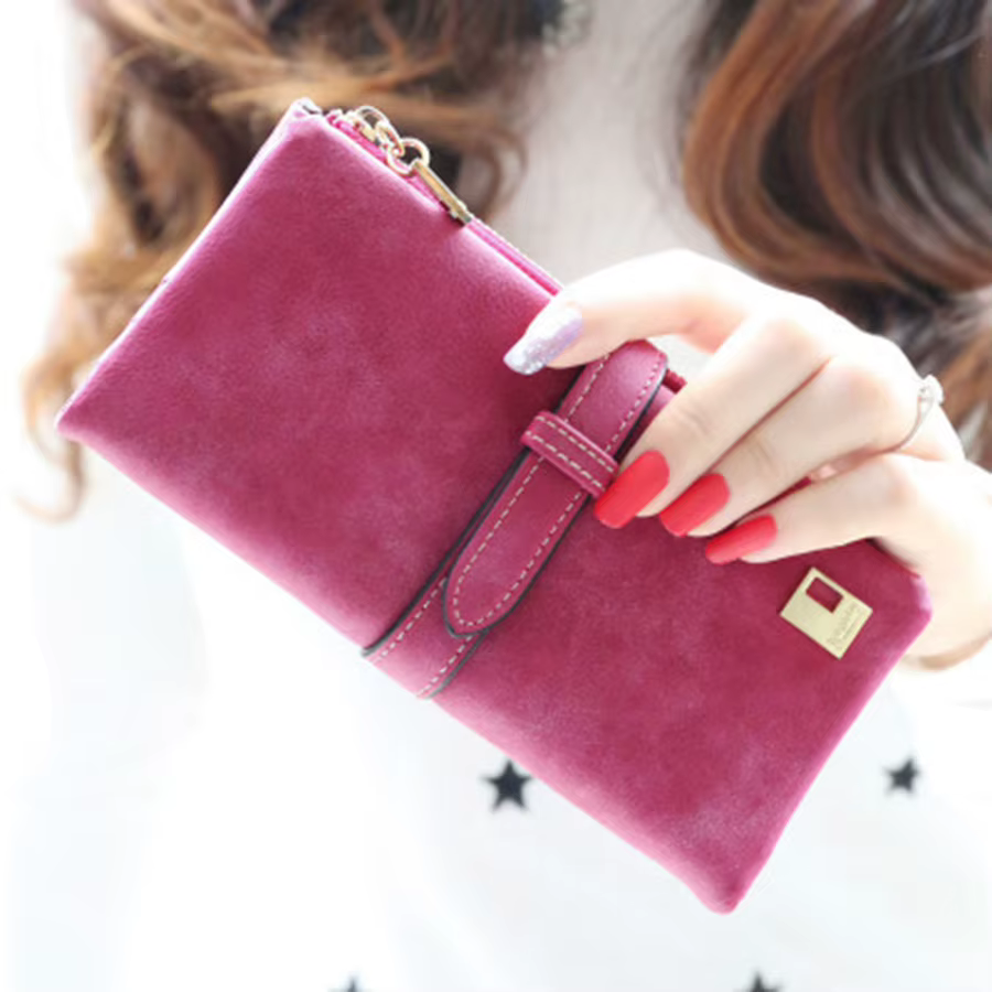 Portefeuille long vintage pour femme en cuir PU mat, pochette à fermeture éclair, porte-monnaie, por