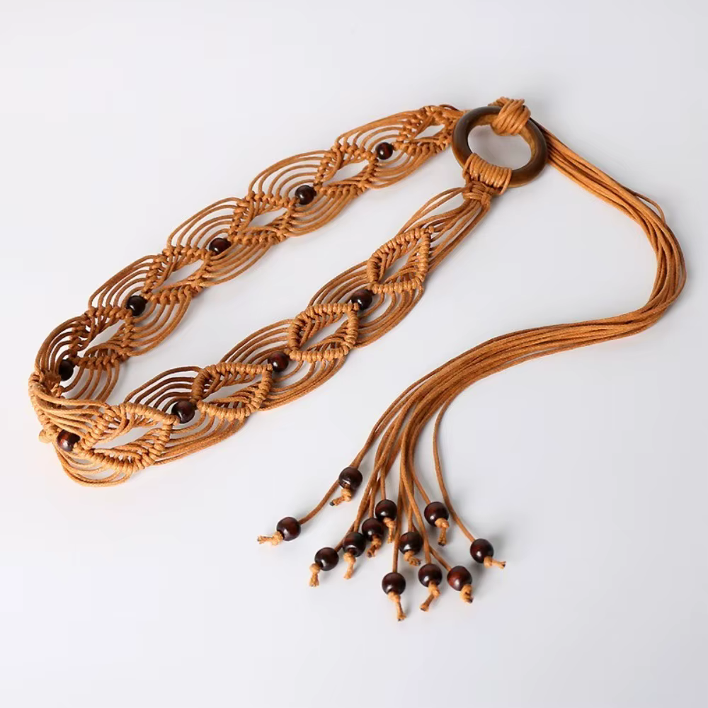 Ceinture tressée rétro pour femme, style bohème, large, ajustable, à nouer, pour robe