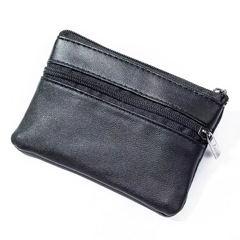 Porte-monnaie en cuir noir adapté aux hommes et aux femmes, mini portefeuilles à fermeture éclair, p