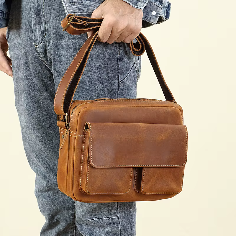 Sac messager vintage en cuir Crazy Horse – Cartable à bandoulière en cuir de vache de grain supérieu