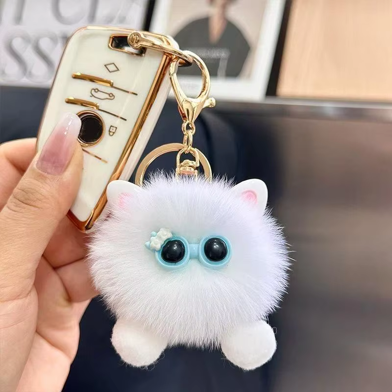 Porte-clés en peluche chaton blanc Kawaii avec lunettes, pour sac et voiture