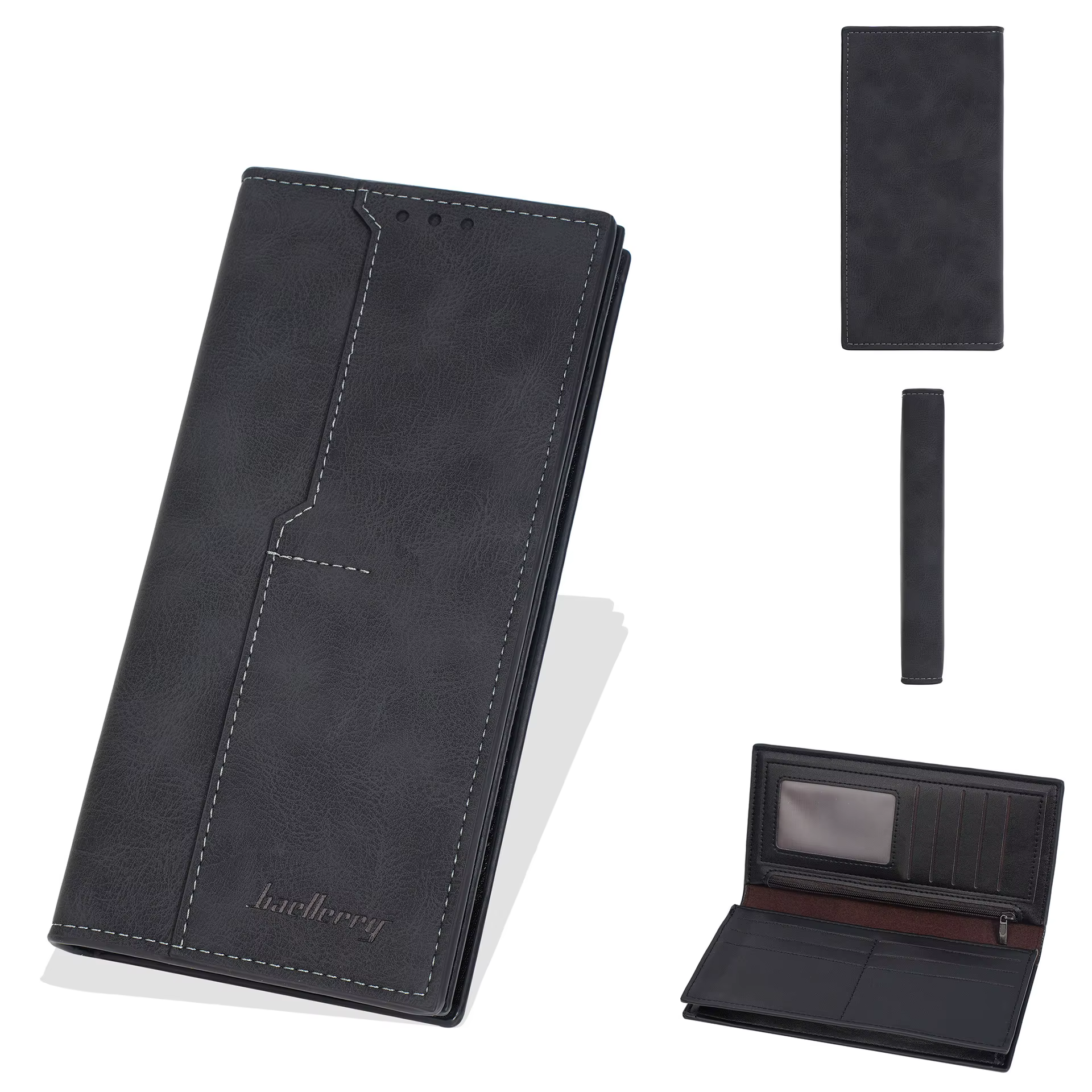 Portefeuille long de luxe Baellerry pour homme en cuir PU, porte-cartes multi-emplacements, pochette