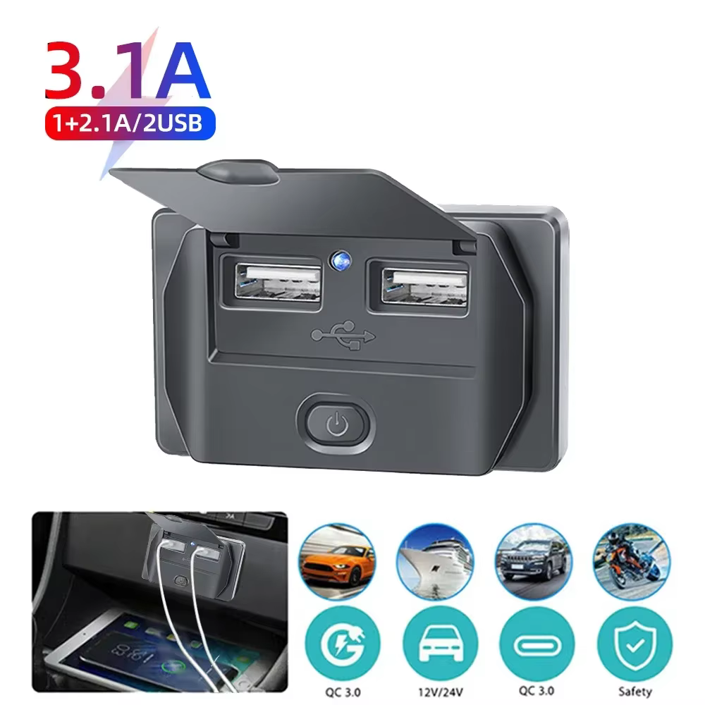 Chargeur de voiture USB 4 ports avec QC3.0 - 12V-24V, 3 USB + 1 type-c, interrupteur d'alimentation 