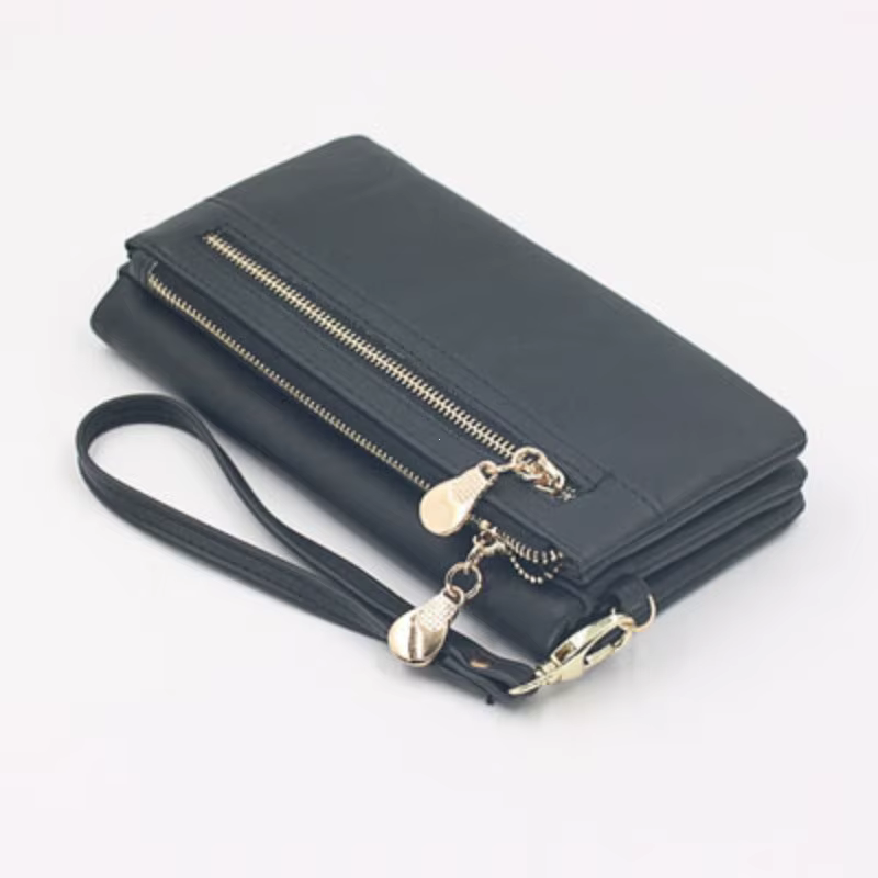 Portefeuille en cuir de grande capacité pour femme, portefeuille multi-poches, double fermeture écla