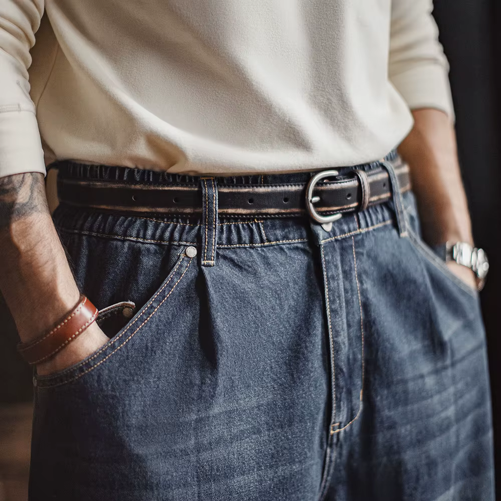 Maden – ceinture en cuir noir Vintage pour hommes, ceinture en cuir de vache tanné végétal pleine fl