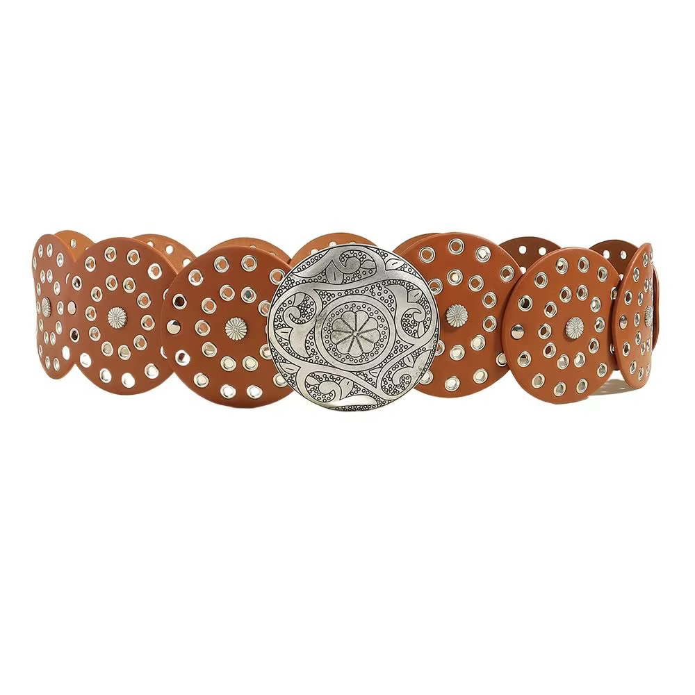 Ceinture Ajustable Vintage en PU pour Femme, Disque Large en Métal, Style Western Exagéré, Rond et C