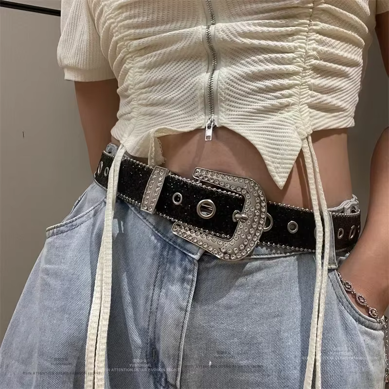 Y2K – ceinture en cuir PU pour femmes, imprimé solide, clouté, strass complets, cristal scintillant,