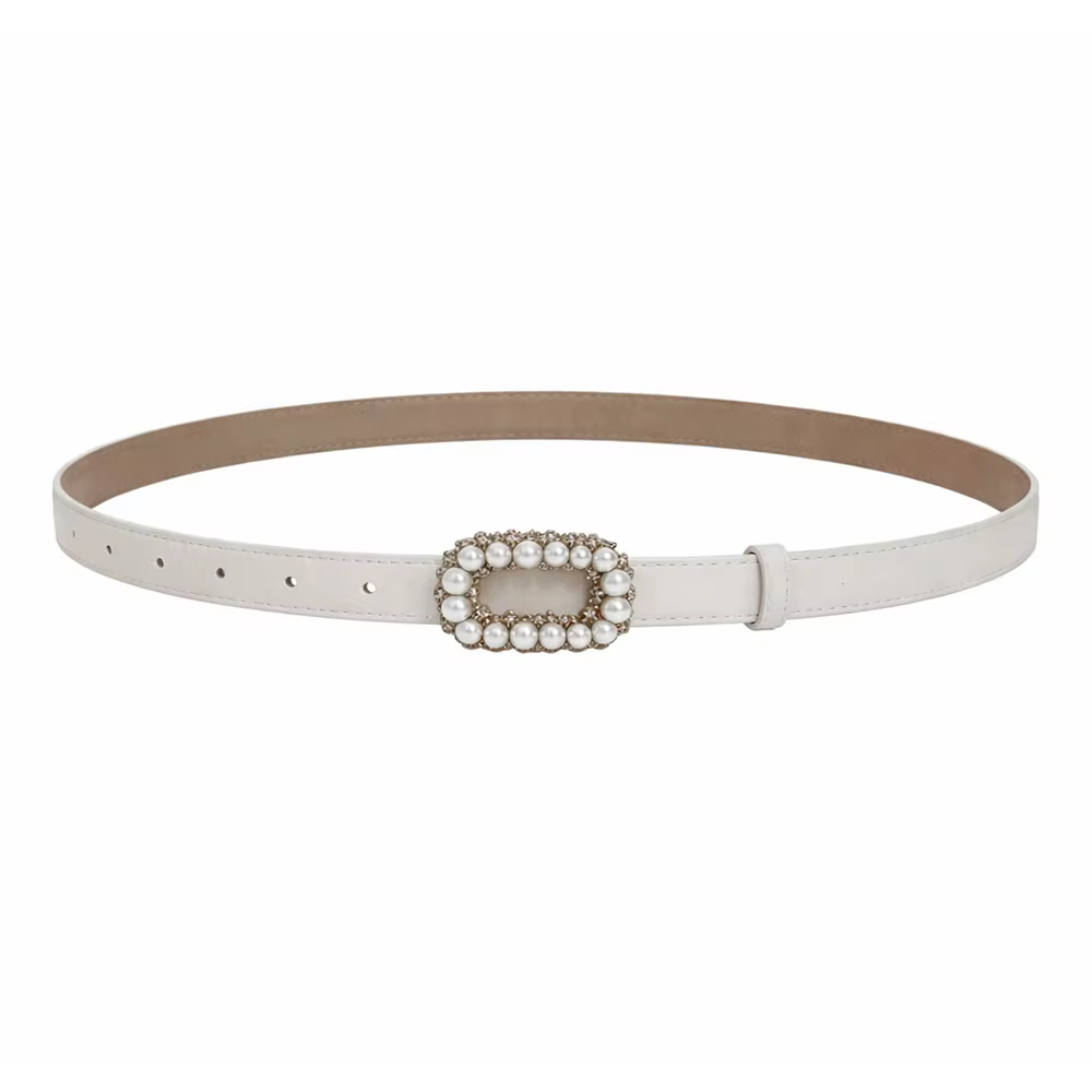 Ceinture fine pour femme décorée de strass et de perles, noire et blanche, avec boucle ardillon simp