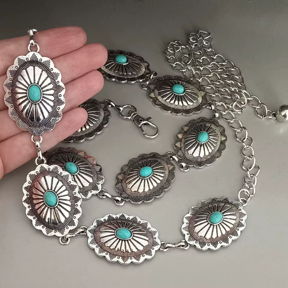 Ceinture occidentale pour femme – Ceinture de cow-girl concho en métal avec chaîne turquoise pour te