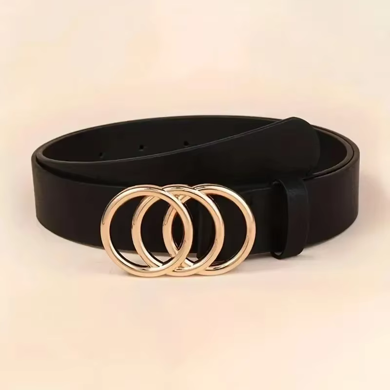 Ceinture tendance en cuir PU pour femmes, 1 pièce, Triple boucle ronde, Simple et polyvalente, pour