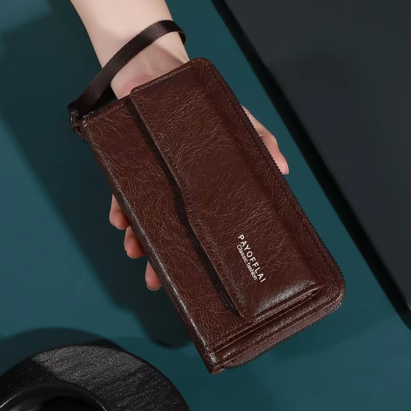 Portefeuille vintage en cuir PU de couleur unie avec bracelet, style professionnel, fermeture éclair