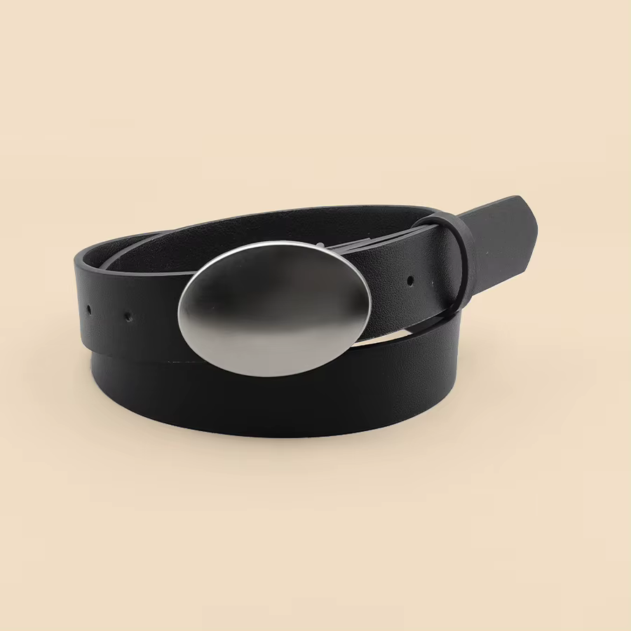 Ceinture ovale à boucle en métal lisse, ceinture minimaliste décontractée noire, ceinture décorative