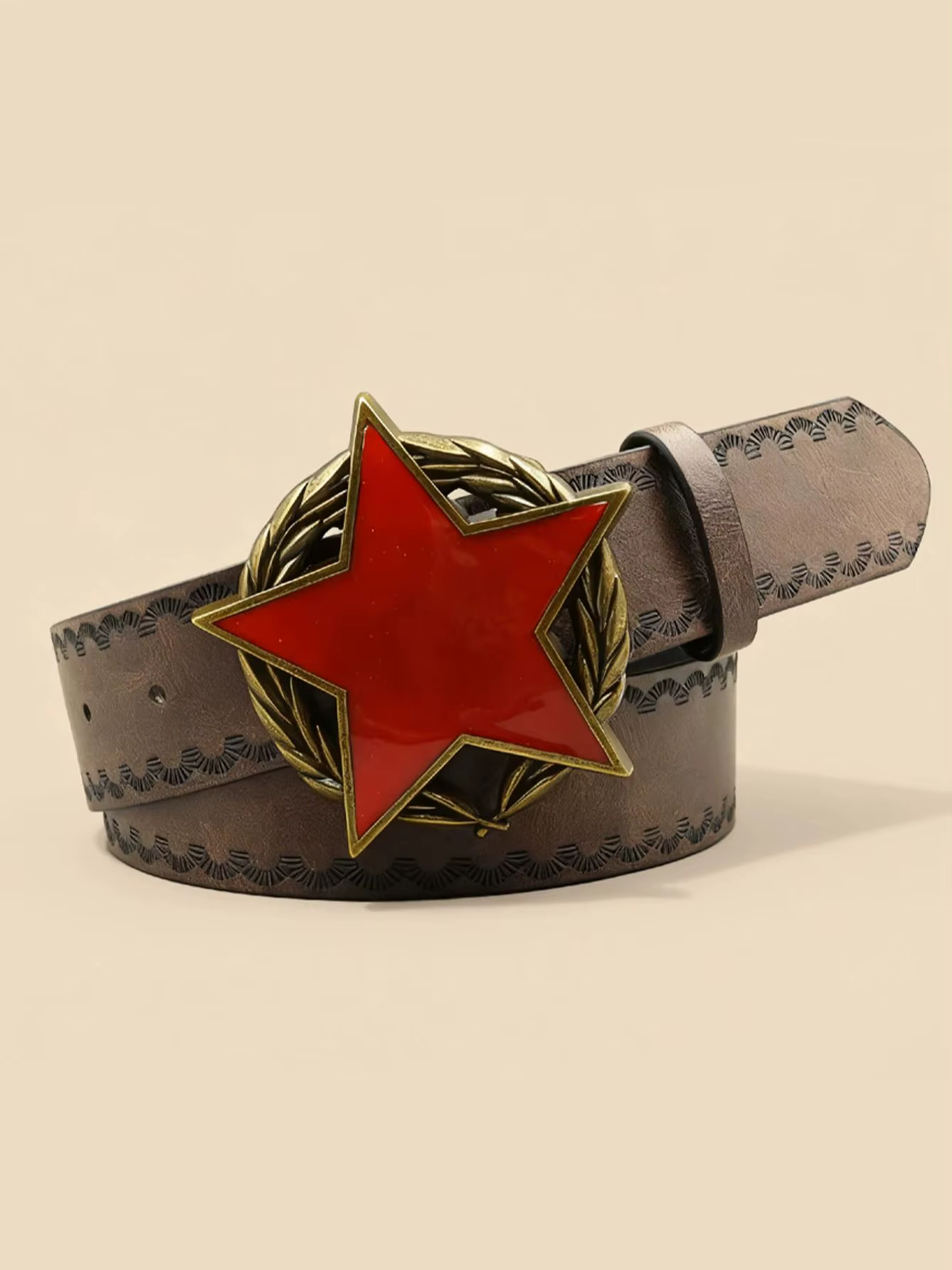 Ceinture vintage à boucle en métal étoile rouge, ceinture marron gaufrée pour femme, ceinture décora