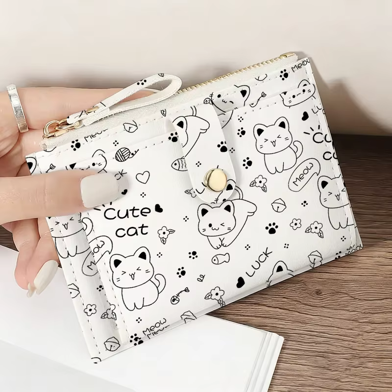 Portefeuille chat mignon pour femmes, porte-monnaie ultra-fin à fermeture éclair, porte-cartes simpl
