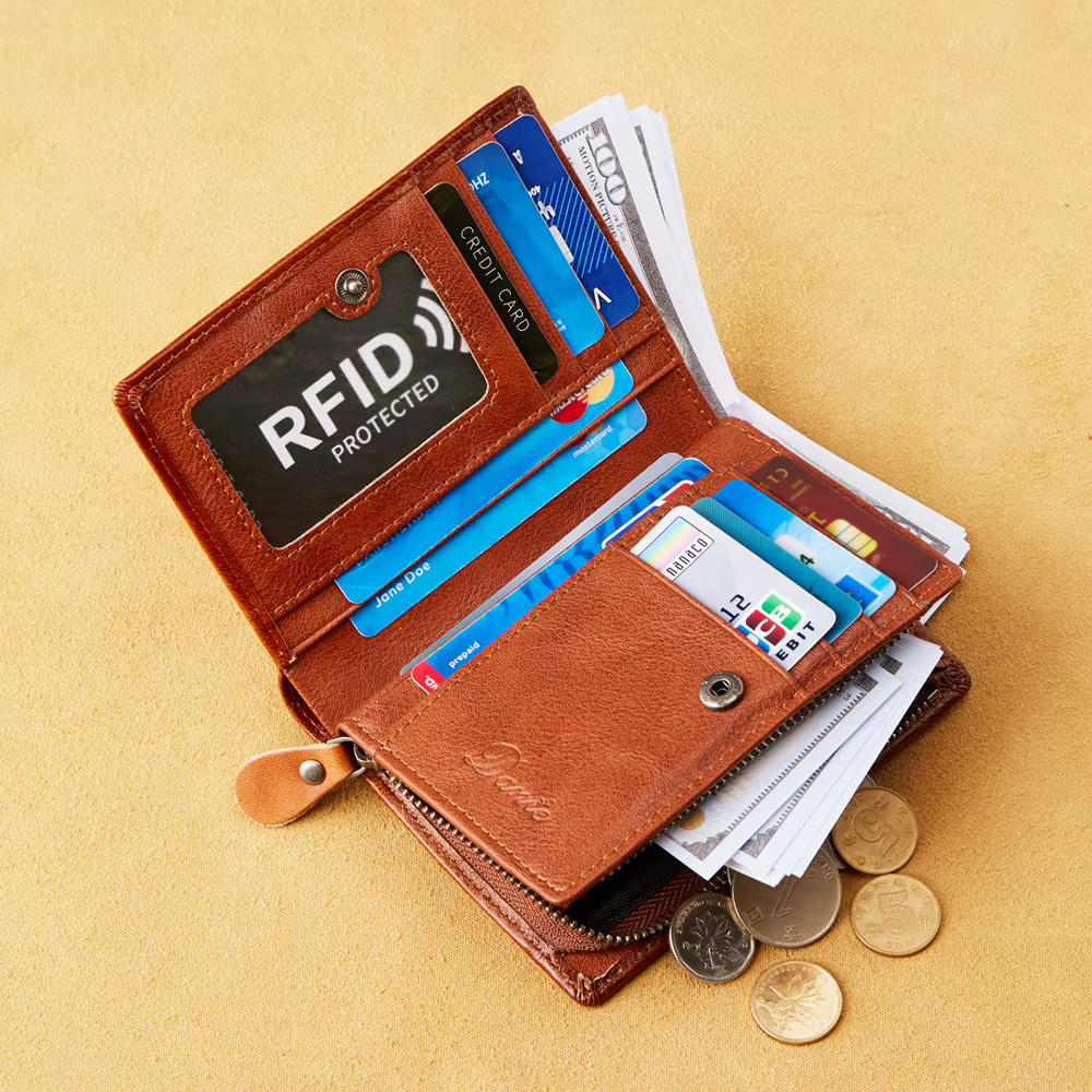 Portefeuille à fermeture éclair en cuir véritable pour hommes, à la mode, avec blocage RFID, grande 