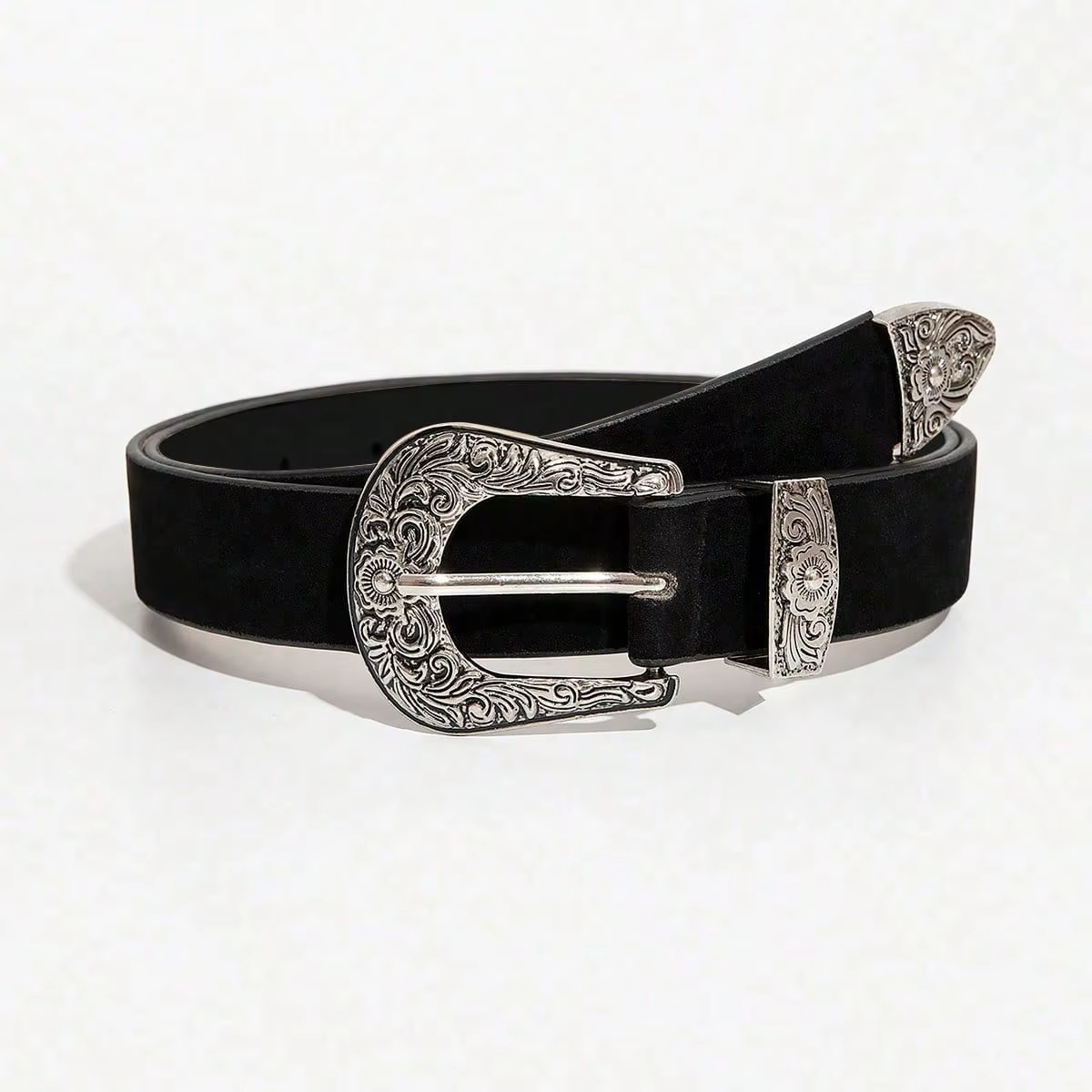 Ceinture en velours noir vintage pour femmes, style bohème, léger, luxe, argent gravé, boucle en mét