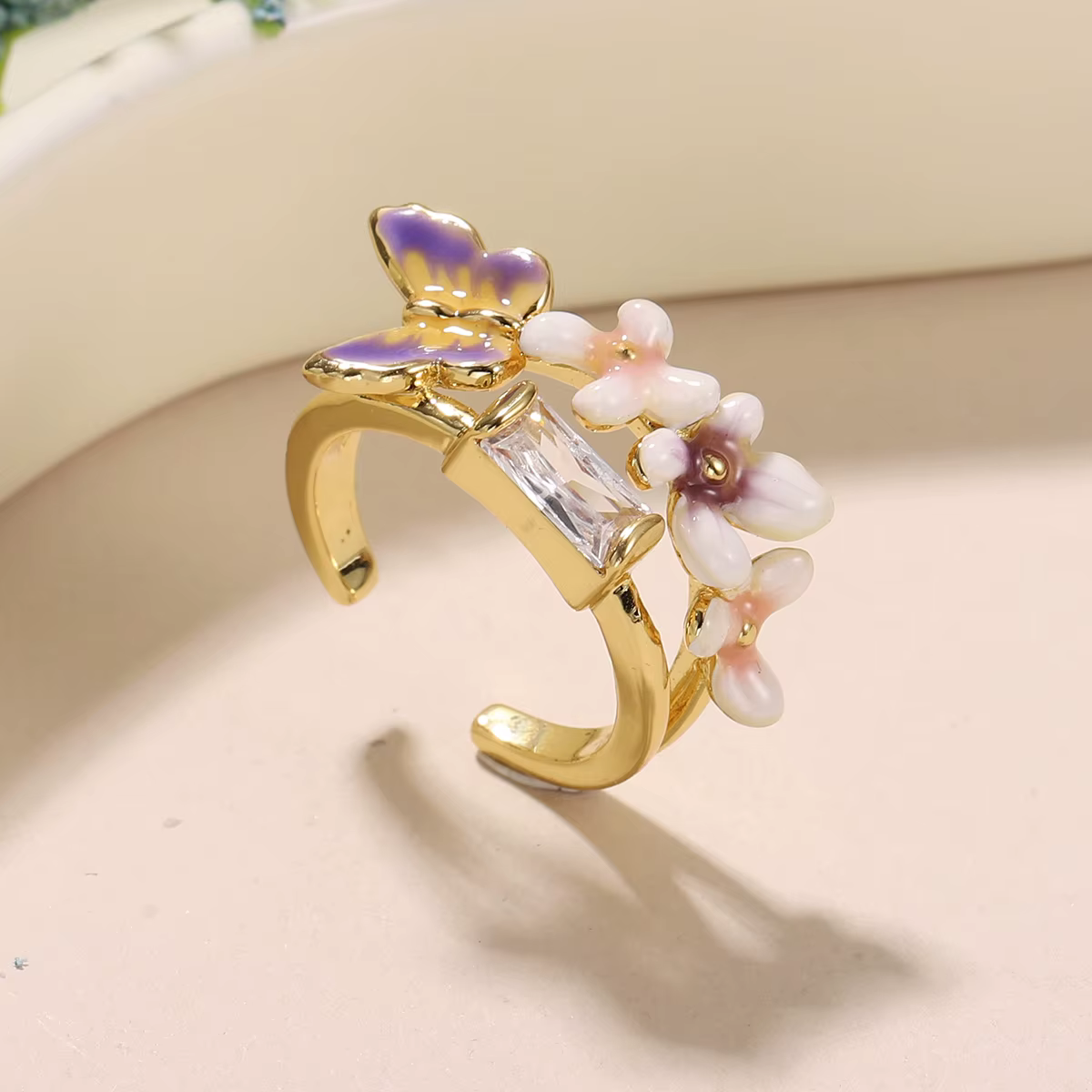 Bague Fleur Papillon pour Femme, Bague Ouverte Plaquée Or avec Papillon Violet et Fleurs en Émail Ro