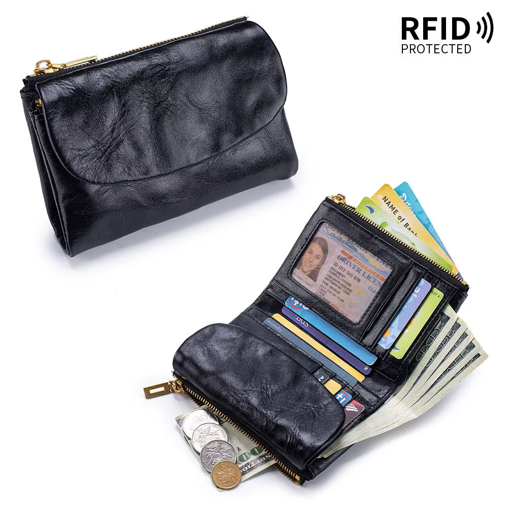 Portefeuille court à trois volets en cuir souple tanné végétal pour femme, anti-RFID, grande capacit