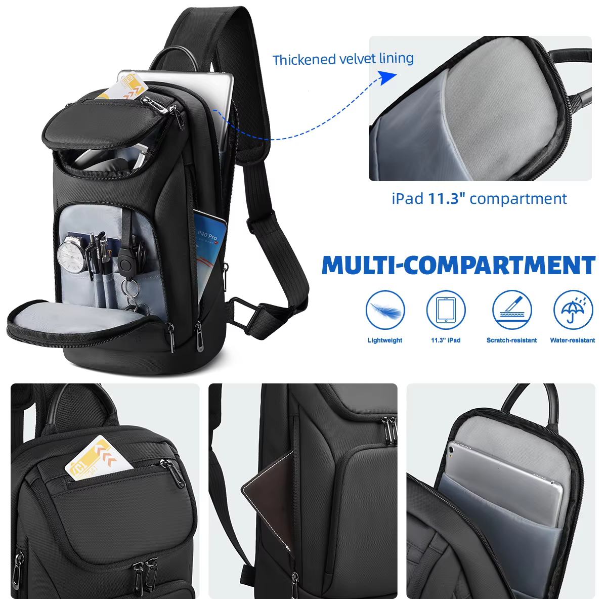 HcanKcan sac à bandoulière pour hommes d'affaires sac de poitrine étanche à la mode pour IPad 11 pou