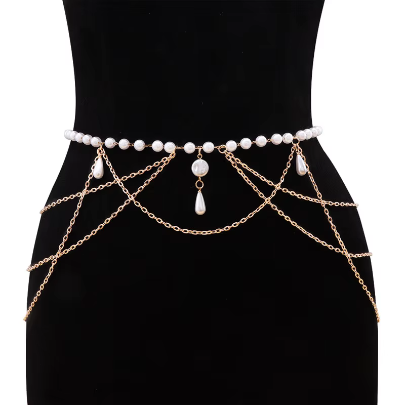 Elegant Pearl Women's Belt Simple Adjustable Metal Thin Chain Belt For Ladies Dress Skinny Waistband
