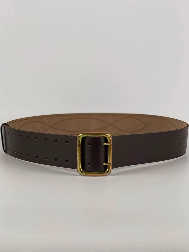 Ceinture en cuir de vachette à double boucle métallique russe, noir et marron