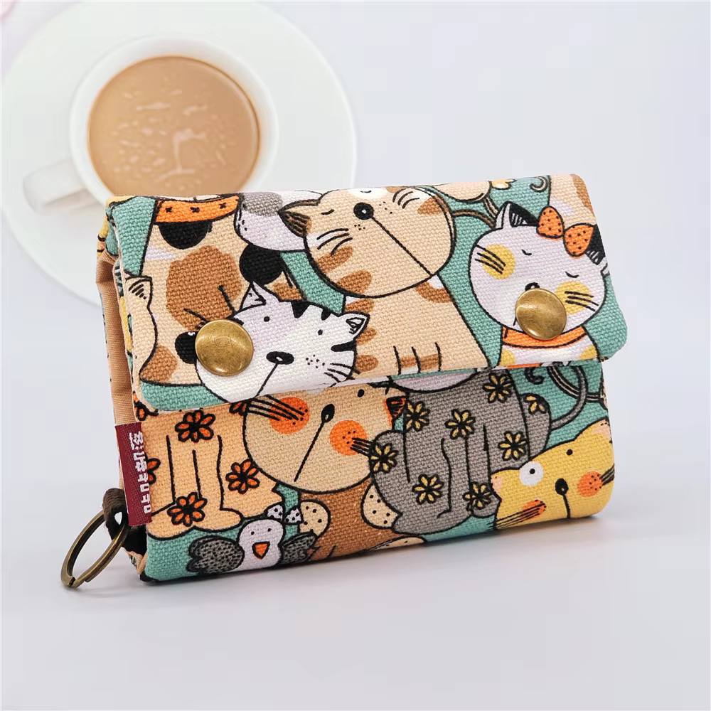 Portefeuille court en tissu de coton pour femme, porte-monnaie de grande capacité, porte-cartes pour