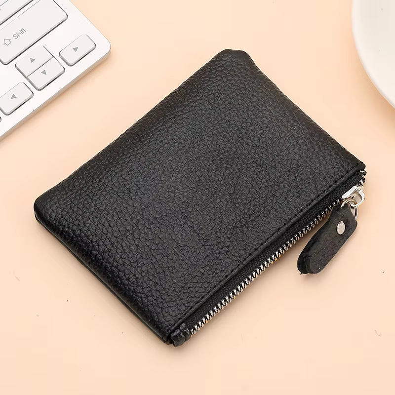 Porte-monnaie en cuir véritable noir pour hommes et femmes, Mini portefeuilles à fermeture éclair, p