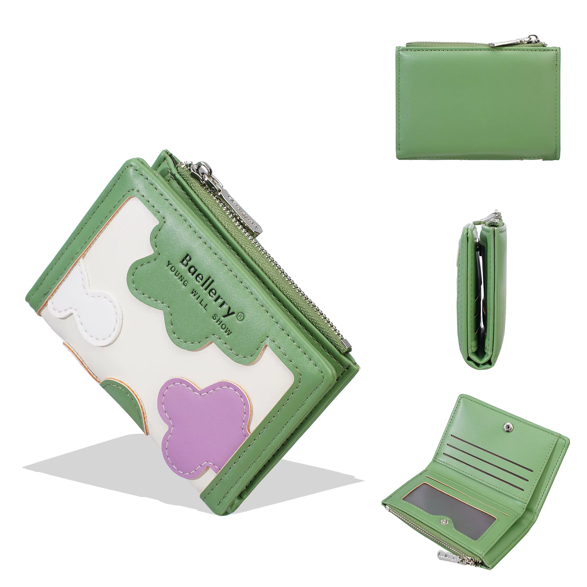 Portefeuille patchwork pour femme Baellerry, joli portefeuille à fermeture éclair pour étudiante, av