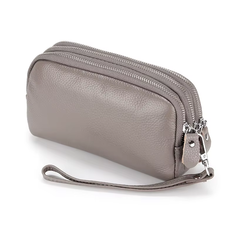 Femmes Long portefeuille en cuir véritable 3 couches fermeture éclair sac à main grande capacité bra