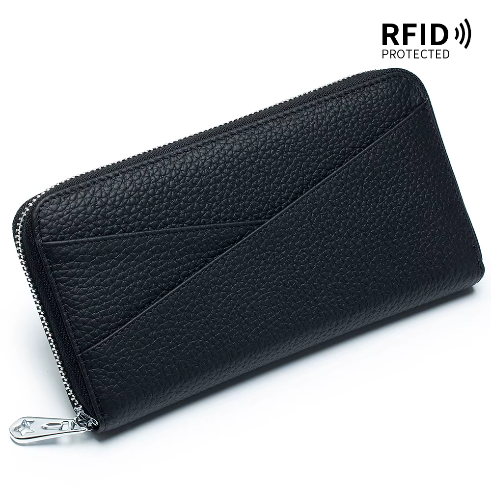 Portefeuille long en cuir véritable pour femme, doux, simple, porte-monnaie, antivol, doublure de ba