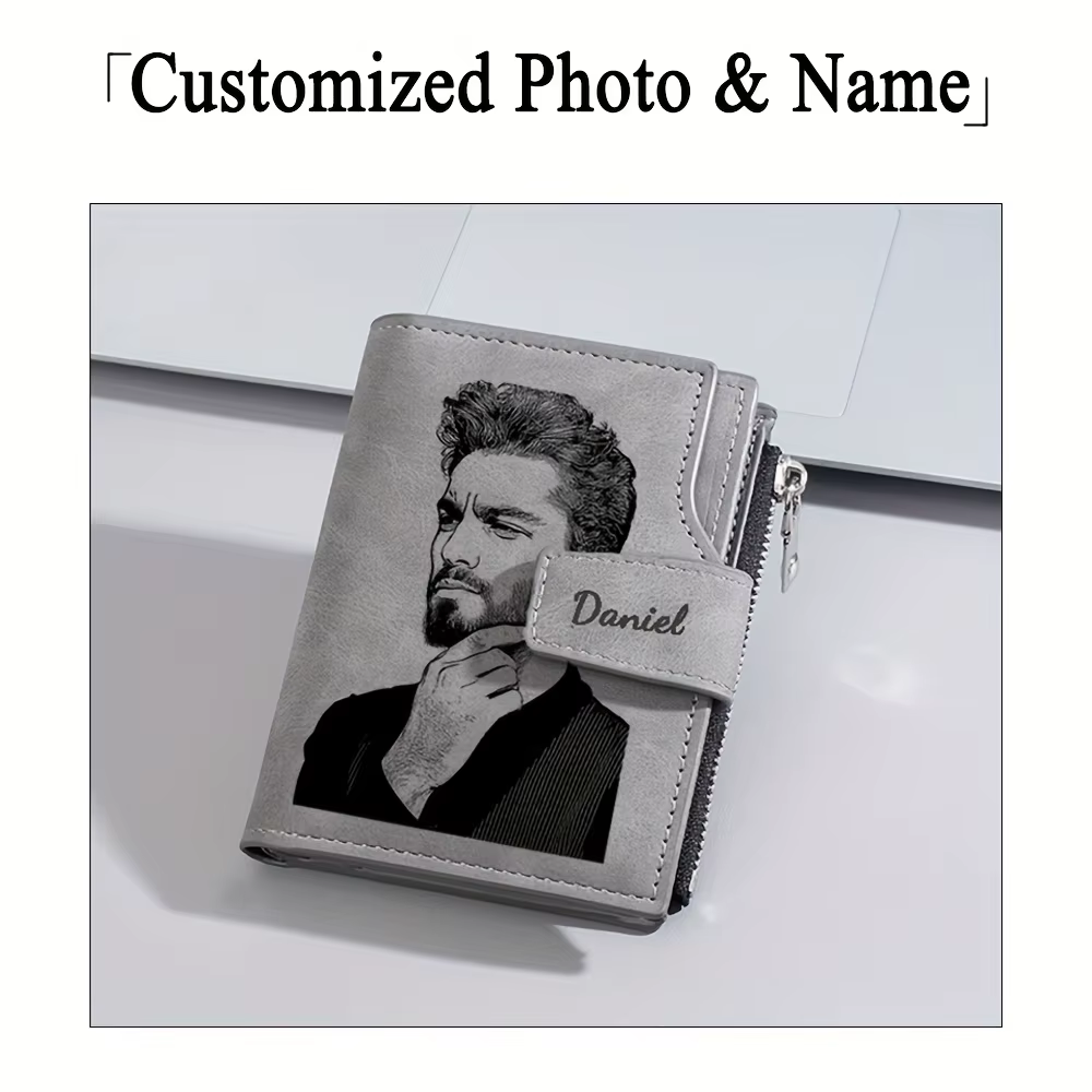 Portefeuille court personnalisé avec photo et nom pour homme, porte-cartes à fermeture éclair de hau