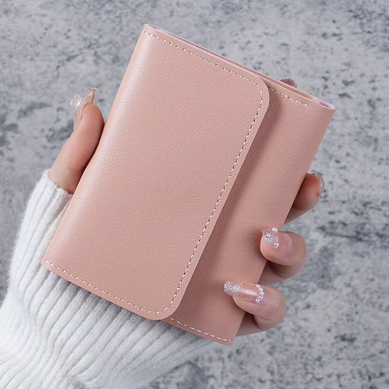 Portefeuille court tendance pour femmes, Ultra fin, Triple pli, Surface lisse, sac à cartes multifon