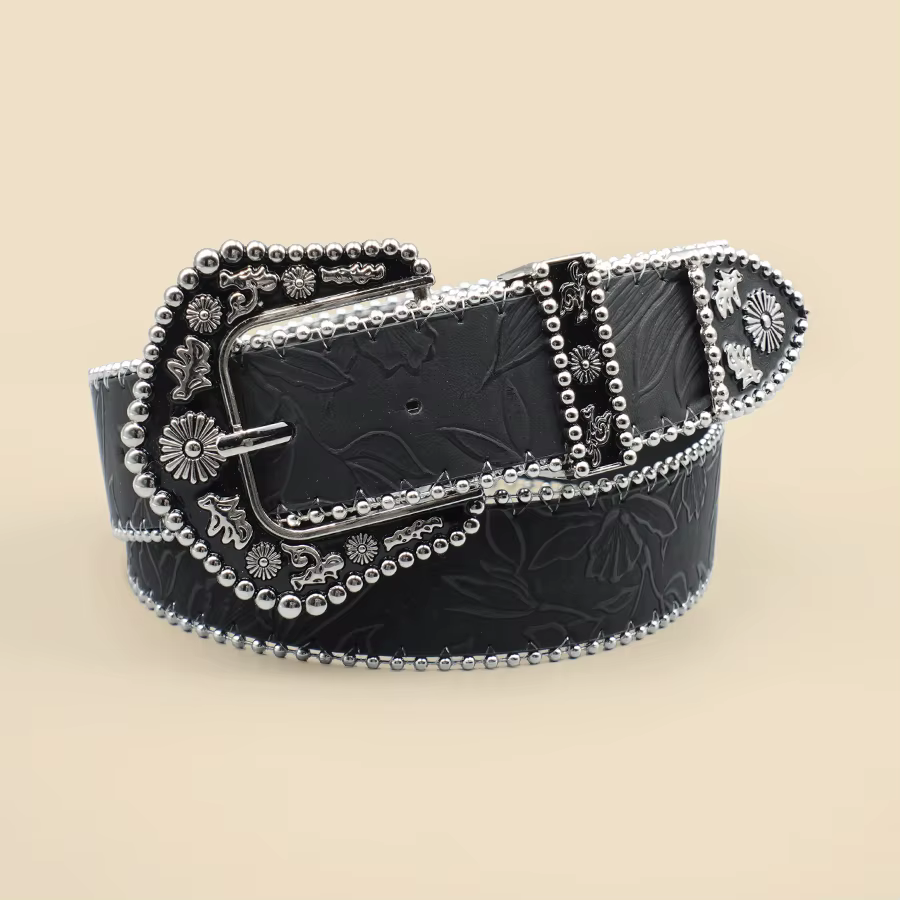 Ceinture bohème pour femme avec accents de perles métalliques – Boucle sculptée vintage et détail de