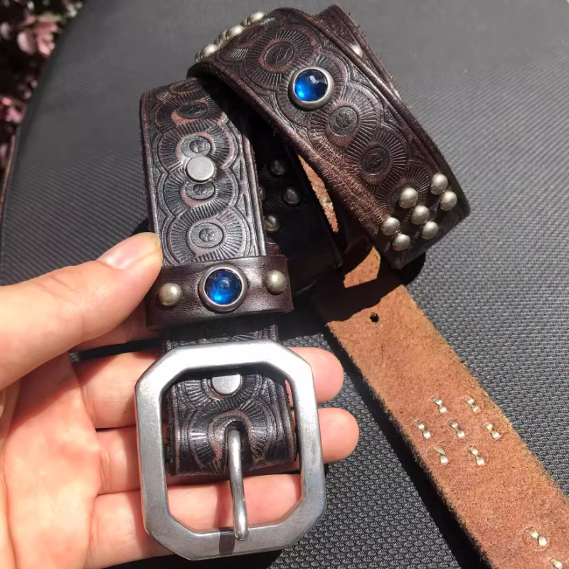Ceinture de moto rétro américaine, ceinture cloutée, matériau en cuir italien, 32mm de large