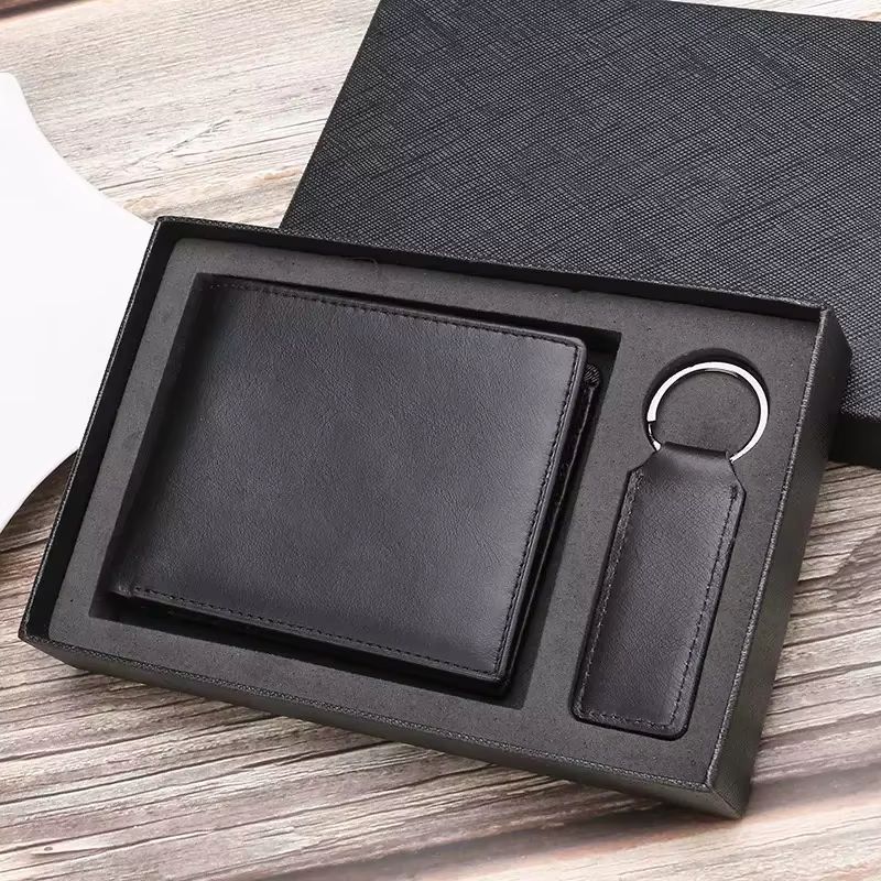 Portefeuille bifold pour homme en cuir véritable avec lettres personnalisées gratuites, porte-clés e
