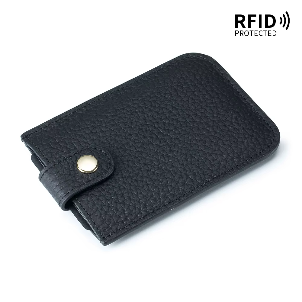 Porte-cartes mince en cuir véritable, accès rapide, languette de traction, doublure RFID, peau de va