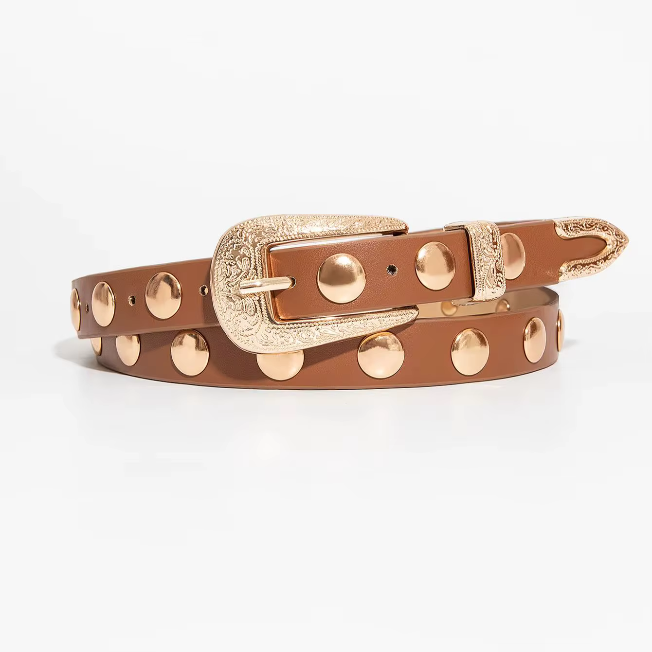 Ceinture marron vintage de style occidental pour femme, avec boucle dorée, décorée sur une robe en j