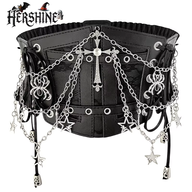 HERSHINE – ceinture large élastique à chaîne croisée pour femmes, gothique Y2K, Punk, Harajuku, Rock