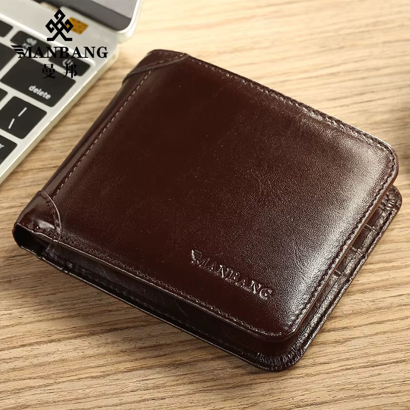Portefeuille Homme Tri-Fold Cuir Véritable Italien MANBANG – Blocage RFID, Multi-Cartes et Coffret C