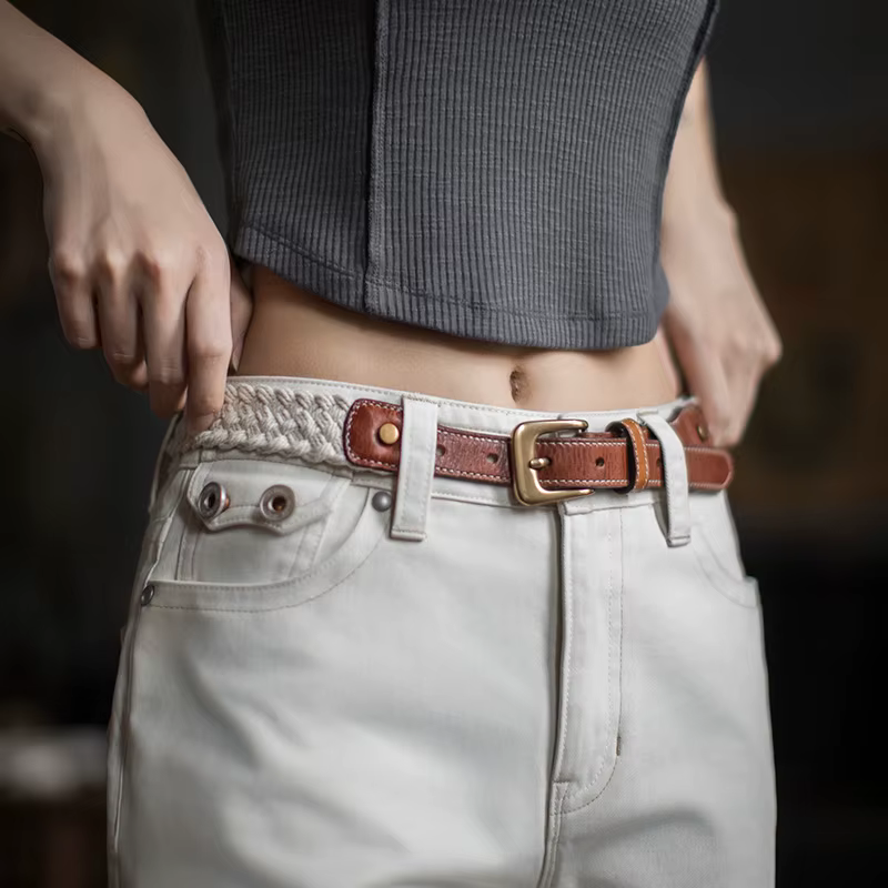 Maden Ceinture en cuir tissé pour femme Ceinture en cuir de vache véritable tanné végétal Ceinture B
