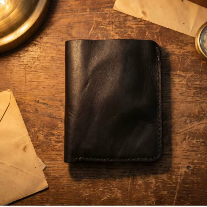 Portefeuille vintage en cuir tanné végétal - Portefeuilles à fermeture à bouton-pression avec poche 