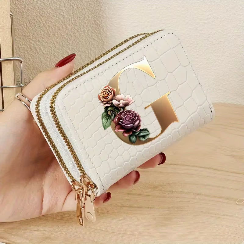 Portefeuille double fermeture éclair en cuir PU blanc pour femme, motif 26 lettres et fleurs, porte-