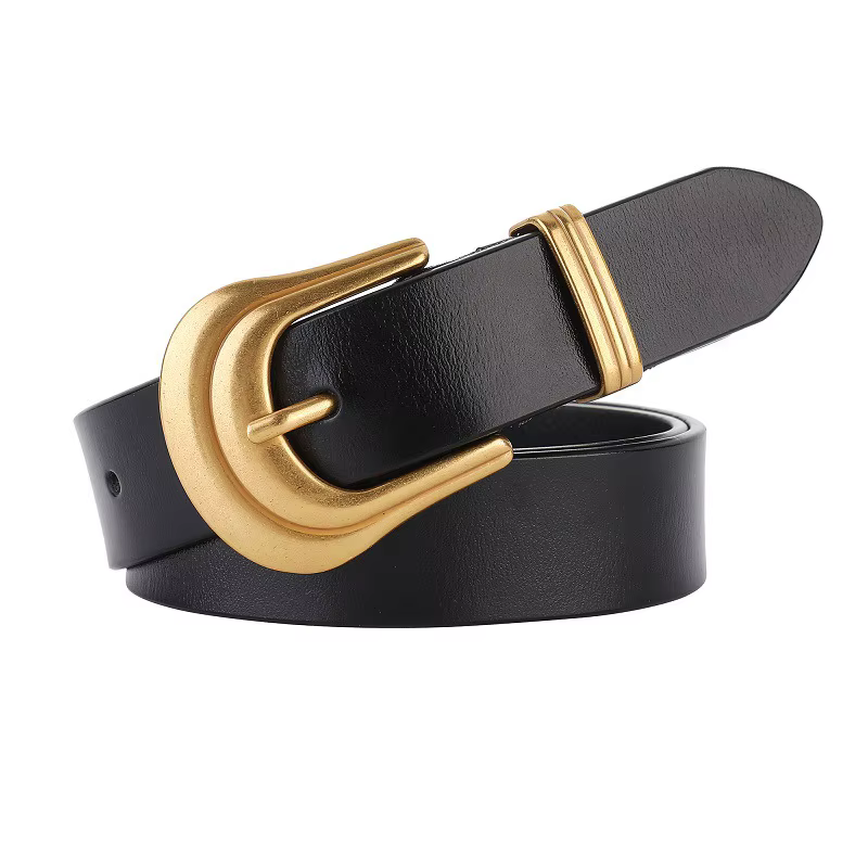 Nouvelle ceinture en cuir véritable pour femmes, ceinture noire occidentale, boucle dorée pour jeans