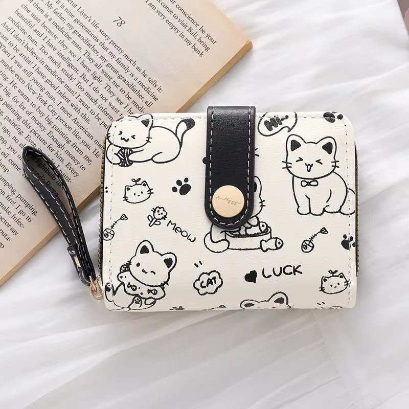 Porte-monnaie chat mignon pour femmes, portefeuille court en cuir PU, grande capacité, léger, porte-