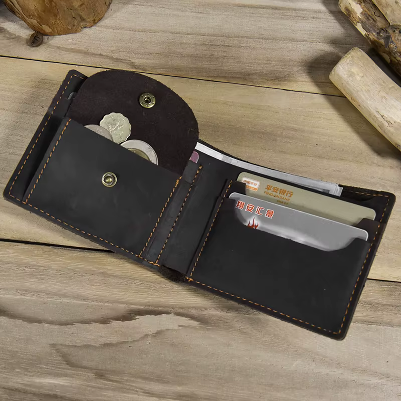Portefeuille à trois volets en cuir véritable pour hommes, sac à main court avec fermeture éclair, p