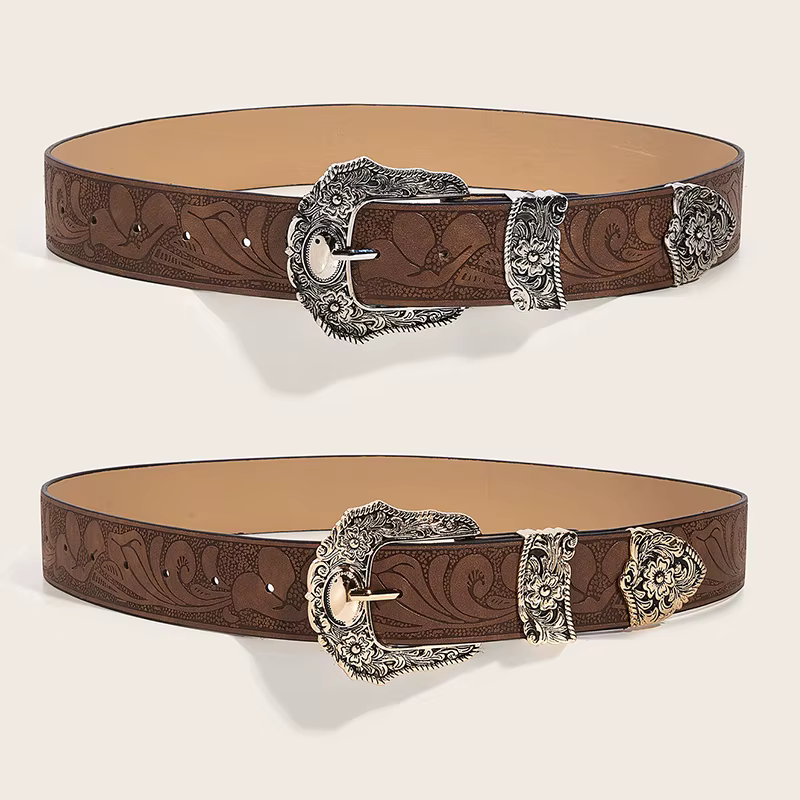 Ceinture Vintage en cuir PU marron occidental pour femme, ceinture de taille Cowgirl avec boucle en