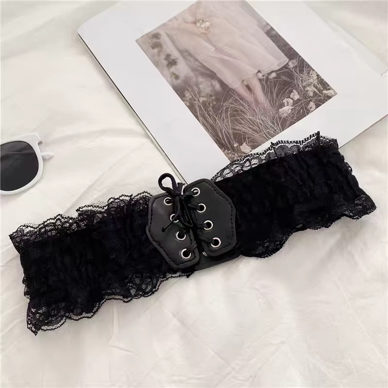 Ceinture élastique en dentelle rétro pour femmes, ceinture noire de haute qualité, style doux, tenda