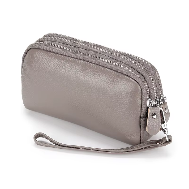 Femmes Long portefeuille en cuir véritable 3 couches fermeture éclair sac à main grande capacité bra